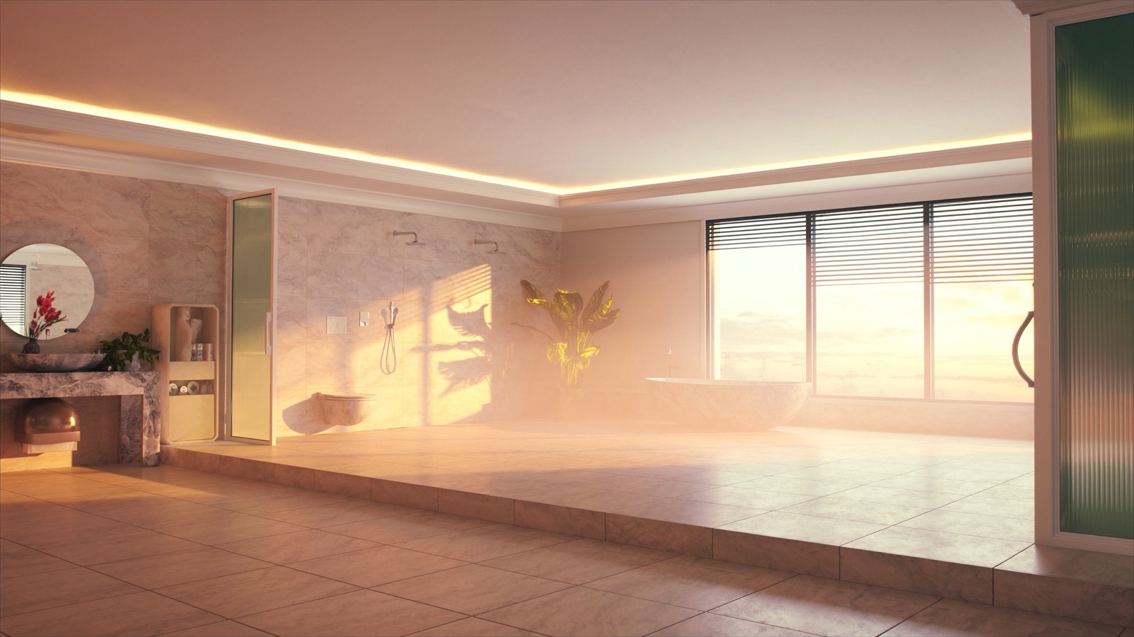 Luxury ensuite with travertine tiles and golden hour light