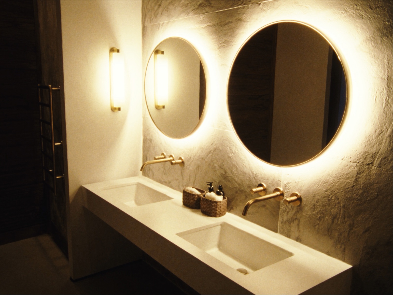 Stone benchtop vanity with under-mount basins