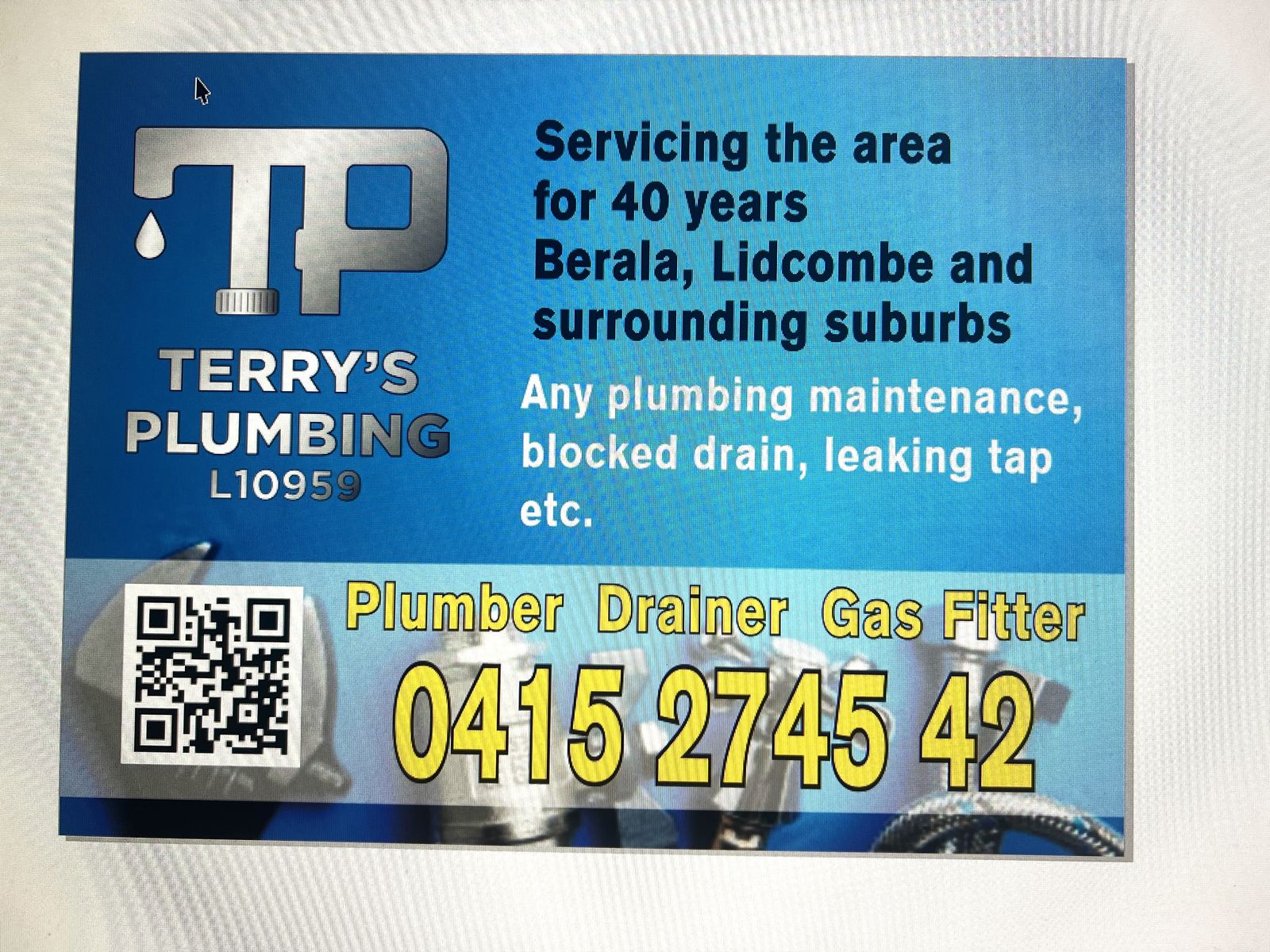 Terry's Plumbing business card - All Cisterns Go, Lic L10959